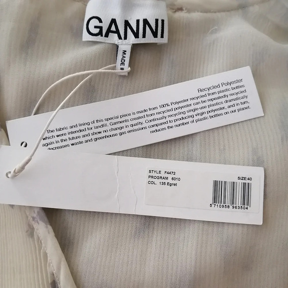 NWT Ganni Pleated Georgette Floral V-Neck Blouse with Balloon Sleeves 40 (8 US) - Picture 13 of 16